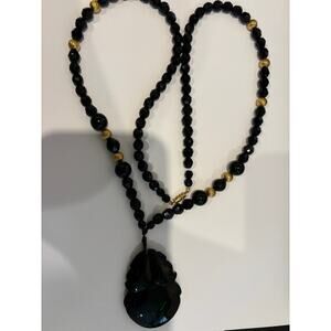 Vintage Carved Stone Pendant Faceted Glass Necklace Asian